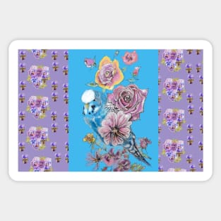 Blue Purple Budgie and Rose Flower Pattern Sticker